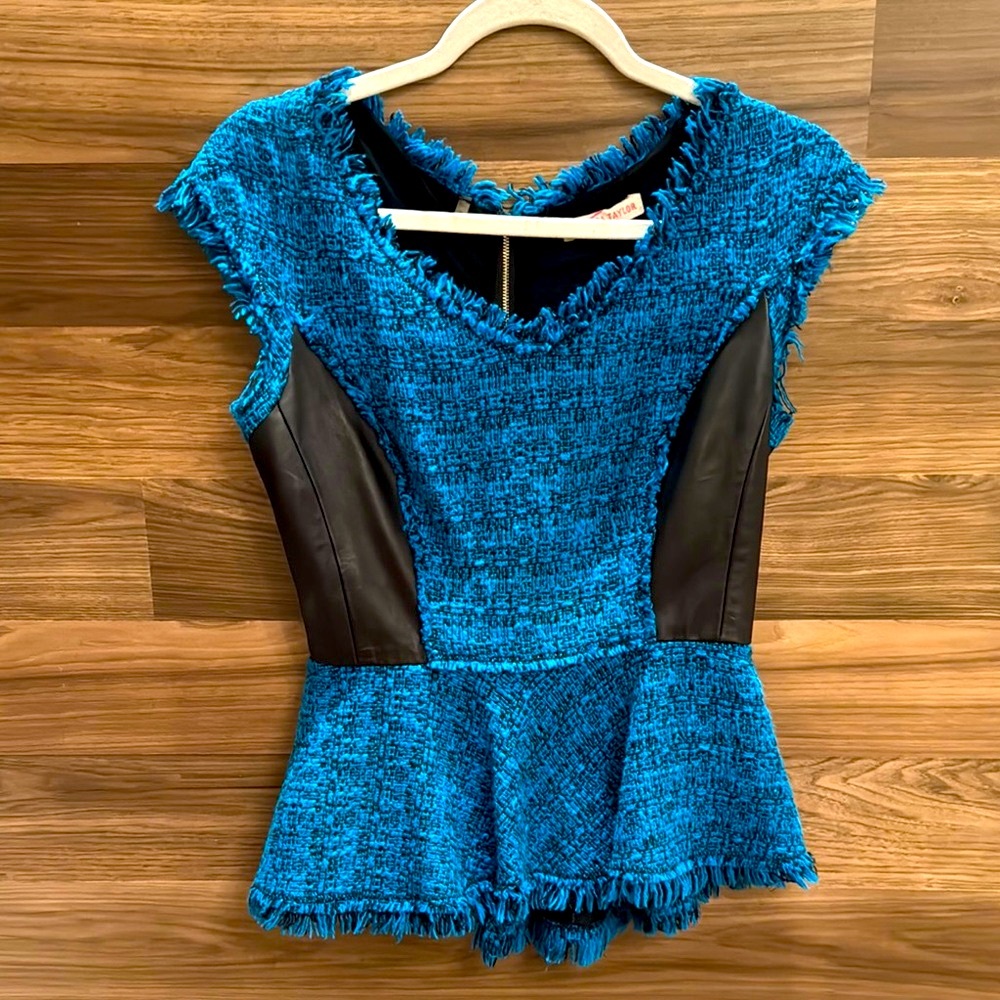Rebecca Taylor Leather Genuine Tweed Turquoise Black Lined Peplum Zip Top 4